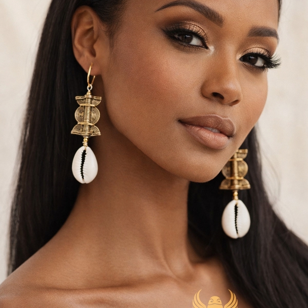 Brass Baule Cowrie Shell Earrings, Ethnic Jewelry